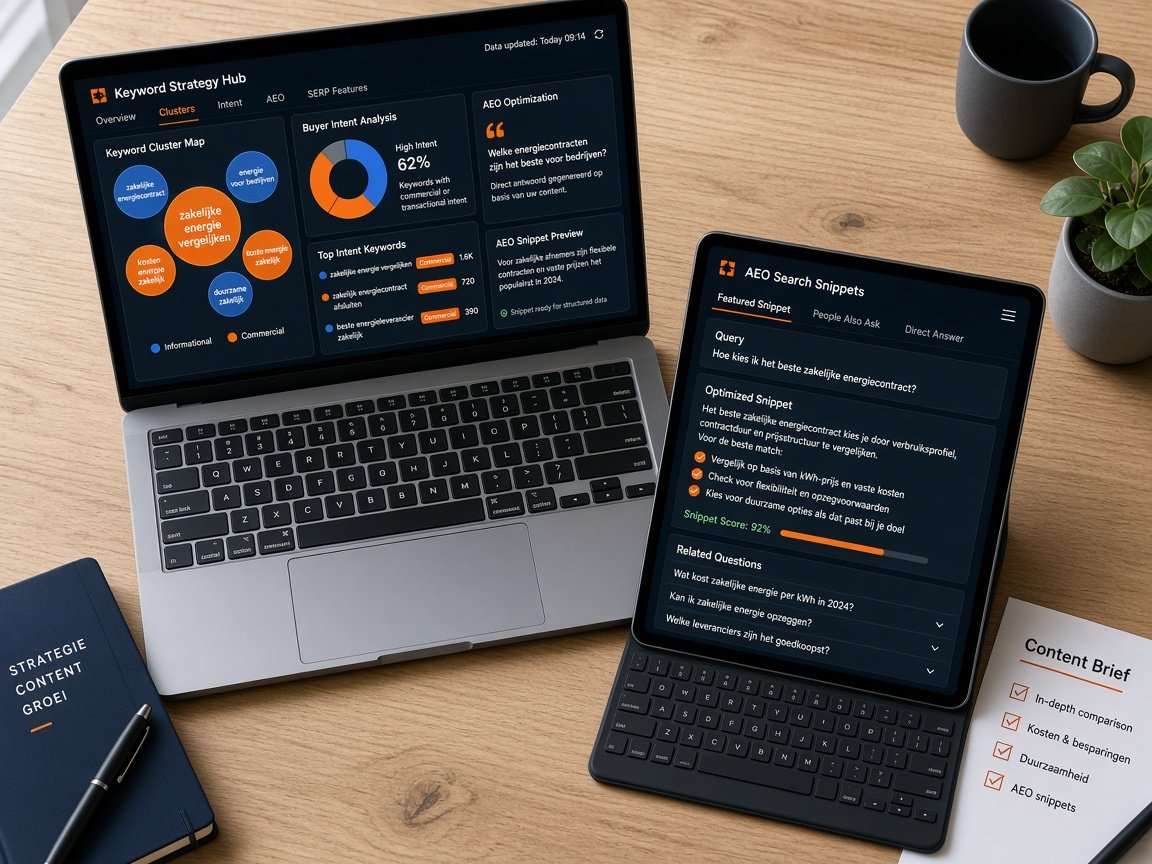 Data-gestuurd keyword onderzoek laten doen met zoekclusters, koopintentie-analyse en AEO AI-snippets
